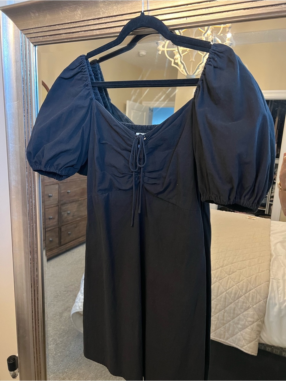 H&M Black Puff-Sleeve Short Dress with Ruched Tie Front
